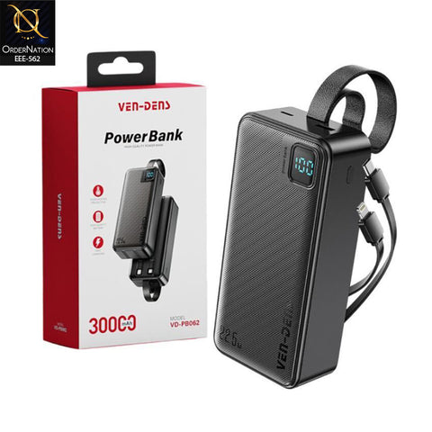 VEN-DENS VD-PB062 30000mAh High-Capacity Power Bank with Digital Display & Built-In Charging Cables