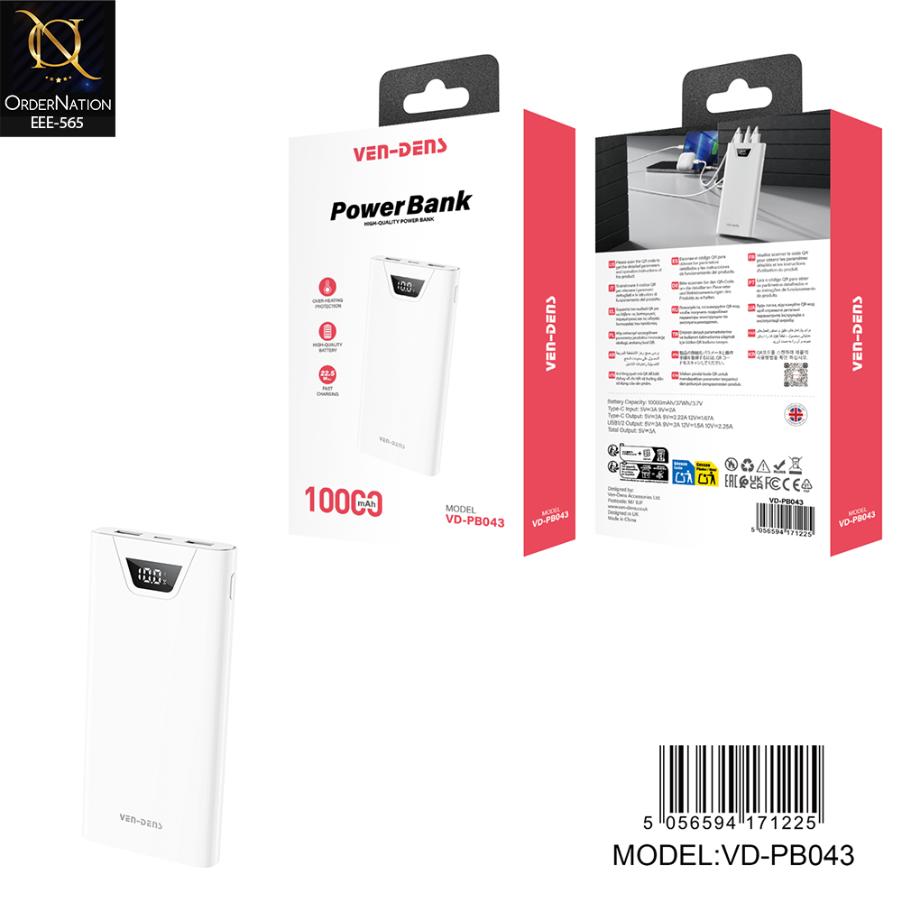 VEN-DENS VD-PB043 10000mAh Fast Charging Power Bank with Digital Display – Portable USB Power Bank