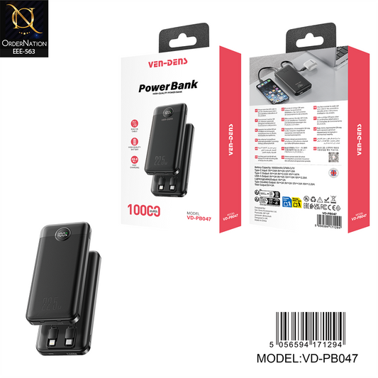 Ven-Dens VD-PB047 10000mAh Power Bank with Built-In Cables, Fast Charging & Multiple Output Ports