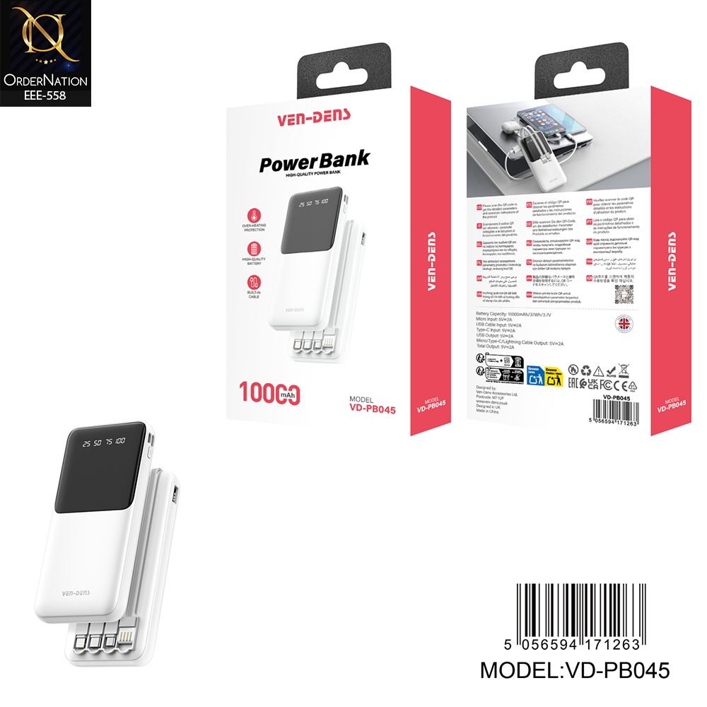 VEN-DENS VD-PB045 10000mAh Power Bank with Built-in Charging Cables & Digital Display – Fast Charging Portable Power Bank