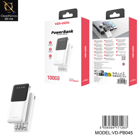 VEN-DENS VD-PB045 10000mAh Power Bank with Built-in Charging Cables & Digital Display – Fast Charging Portable Power Bank