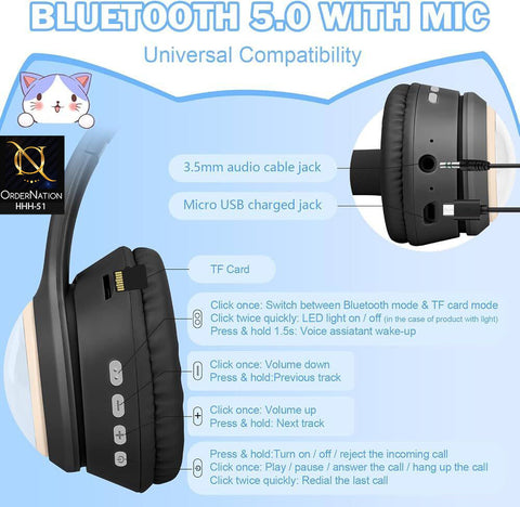 Deer AKZ02A Wireless Stereo Headset with Cat Ear Design, LED Lights & Comfortable Over-Ear Fit