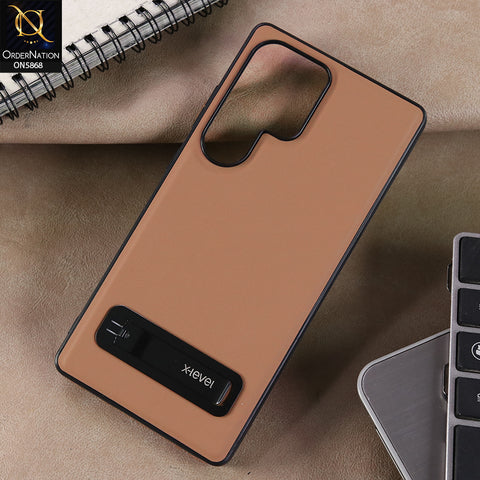 Samsung Galaxy S25 Ultra Cover - Brown - X-LEVEL Case Leather Coated PC TPU Phone Back Cover with Metal Kickstand