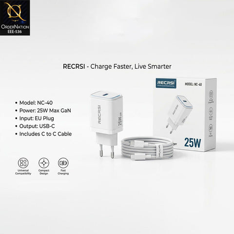 Recrsi 25W USB-C Fast Charger Adapter Type-C to Type-C – Model NC-40