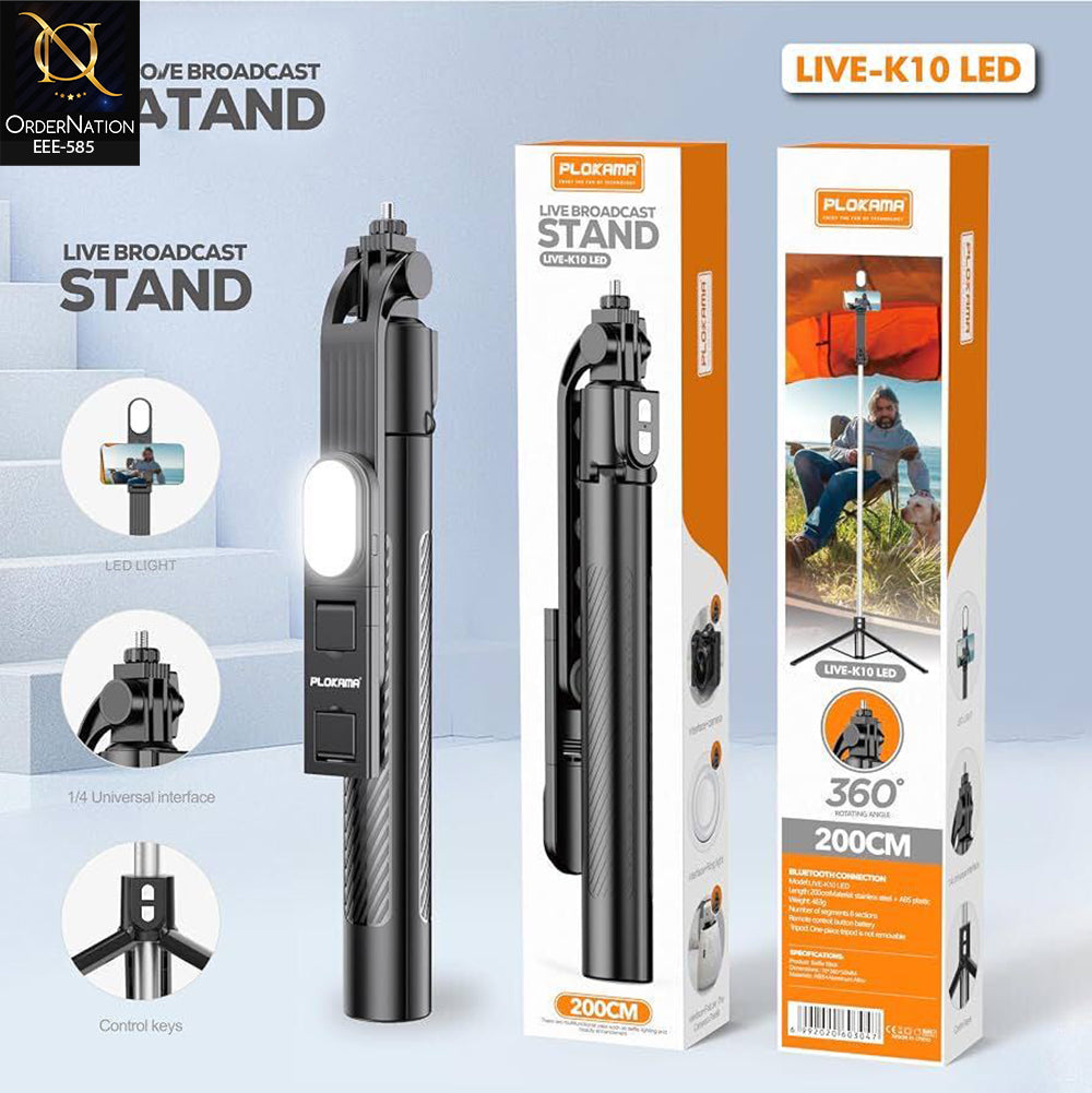 Plokama LIVE-K10 LED 200cm Extendable Bluetooth Selfie Stick Tripod with LED Light for Content Creation & Live Stream