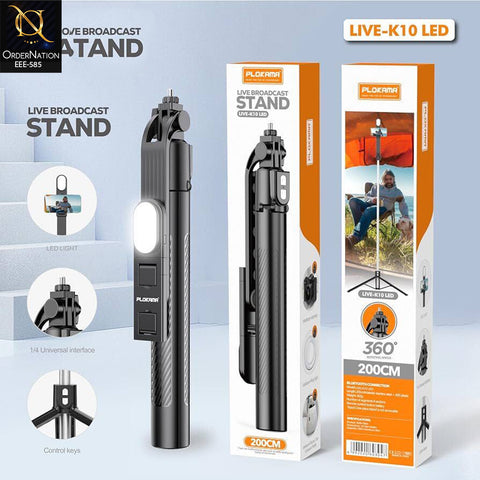 Plokama LIVE-K10 LED 200cm Extendable Bluetooth Selfie Stick Tripod with LED Light for Content Creation & Live Stream