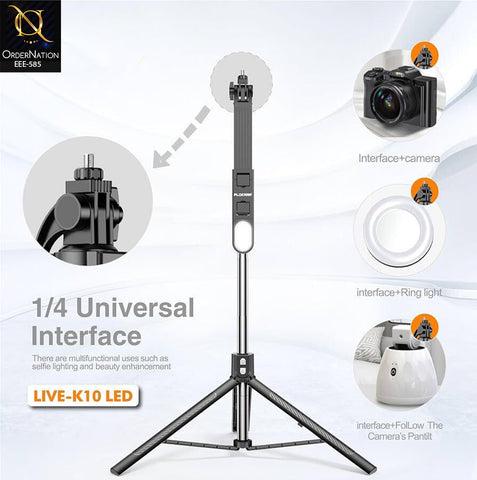Plokama LIVE-K10 LED 200cm Extendable Bluetooth Selfie Stick Tripod with LED Light for Content Creation & Live Stream