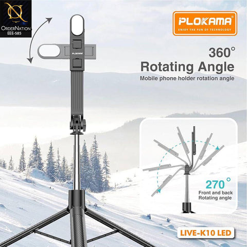 Plokama LIVE-K10 LED 200cm Extendable Bluetooth Selfie Stick Tripod with LED Light for Content Creation & Live Stream