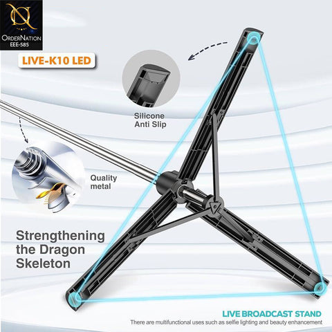 Plokama LIVE-K10 LED 200cm Extendable Bluetooth Selfie Stick Tripod with LED Light for Content Creation & Live Stream