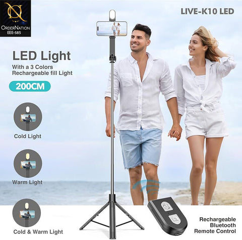 Plokama LIVE-K10 LED 200cm Extendable Bluetooth Selfie Stick Tripod with LED Light for Content Creation & Live Stream
