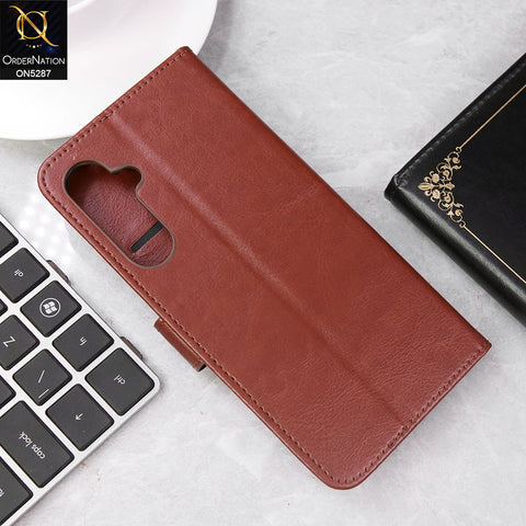 Samsung Galaxy A35 Cover - Brown -  Premium PU Leather Magnetic Flip Book Card Slots Wallet Soft Case