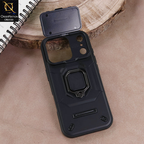 iPhone 17 Pro Cover - Black - New High Grade Quality Armor Case With Metal Ring And Kickstand And Sliding Camera Protection