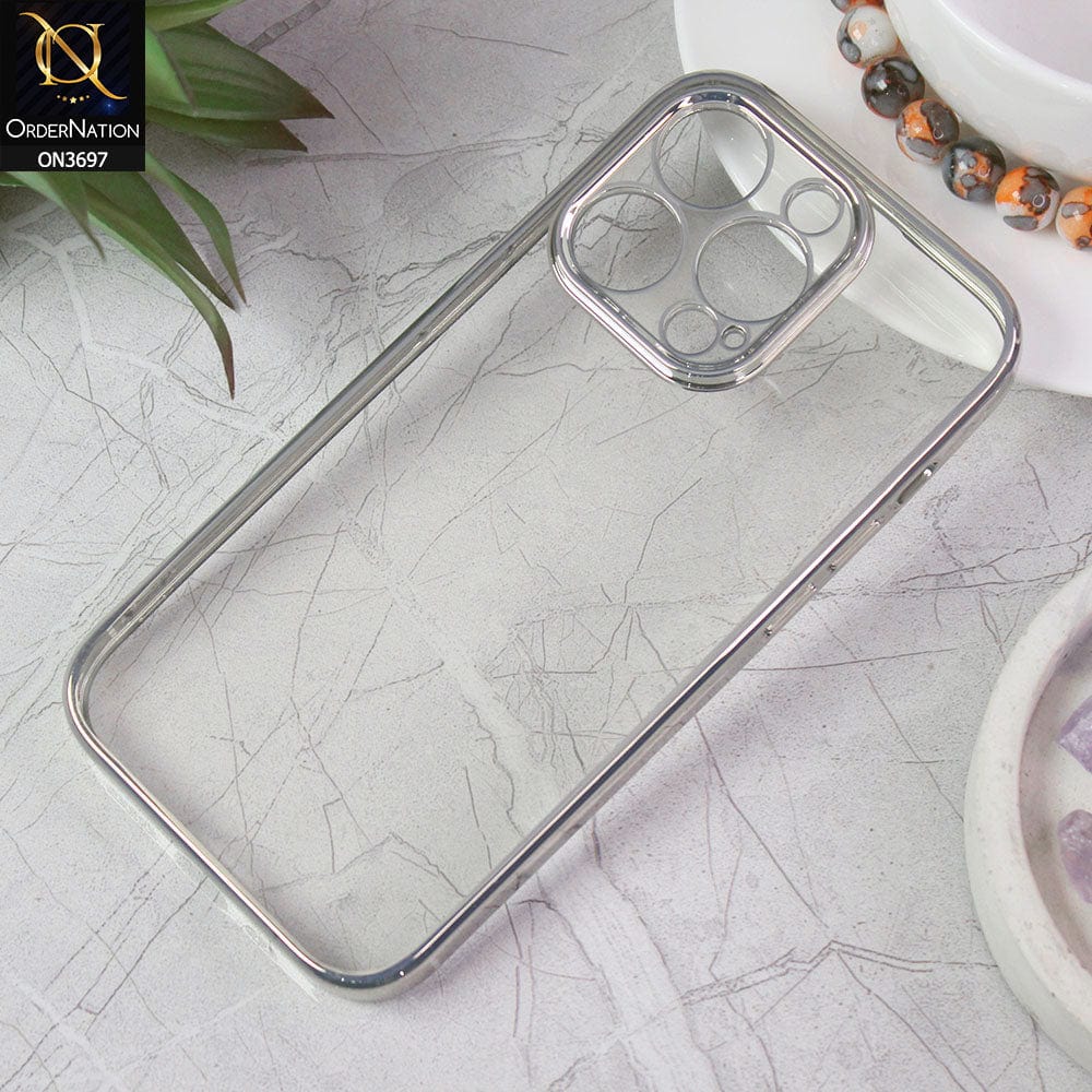 iPhone 14 Pro Cover - Silver - Luxury Look Colour Borders Semi -Transparent Soft Silicone Case With Camera Protection