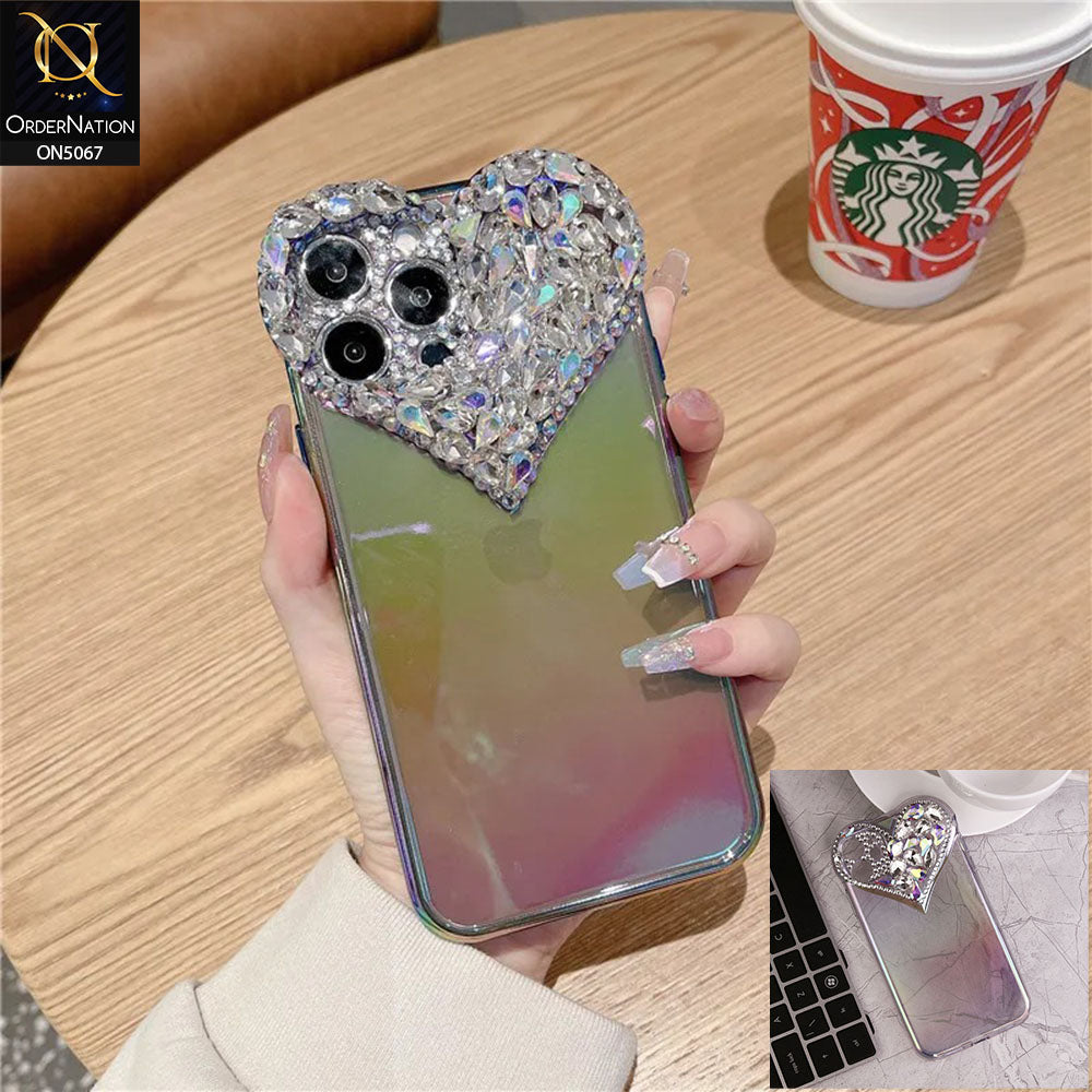 iPhone 11 Cover - Purple - Shiny Bling Rhinestones 3D Heart Laser Electroplating Gradient Colour Soft TPU Case