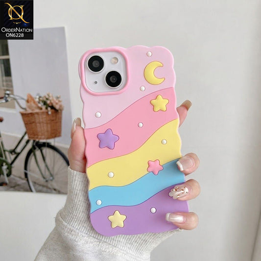 iPhone 14 Cover - Pink - Pastel Rainbow Phone Case with 3D Flowers & Moon