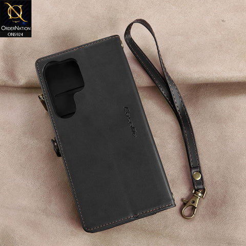 Samsung Galaxy S25 Ultra Cover - Black - CaseMe Zipper Wallet RFID Anti-theft Leather Phone Case with Wrist Strap