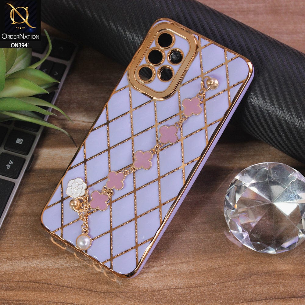 Samsung Galaxy A32 Cover - Purple - Soft TPU Shiny Electroplated Golden Lines Camera Protection Case With Flower Chain Holder