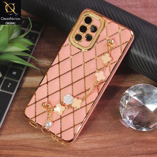 Samsung Galaxy A32 Cover - Pink - Soft TPU Shiny Electroplated Golden Lines Camera Protection Case With Flower Chain Holder