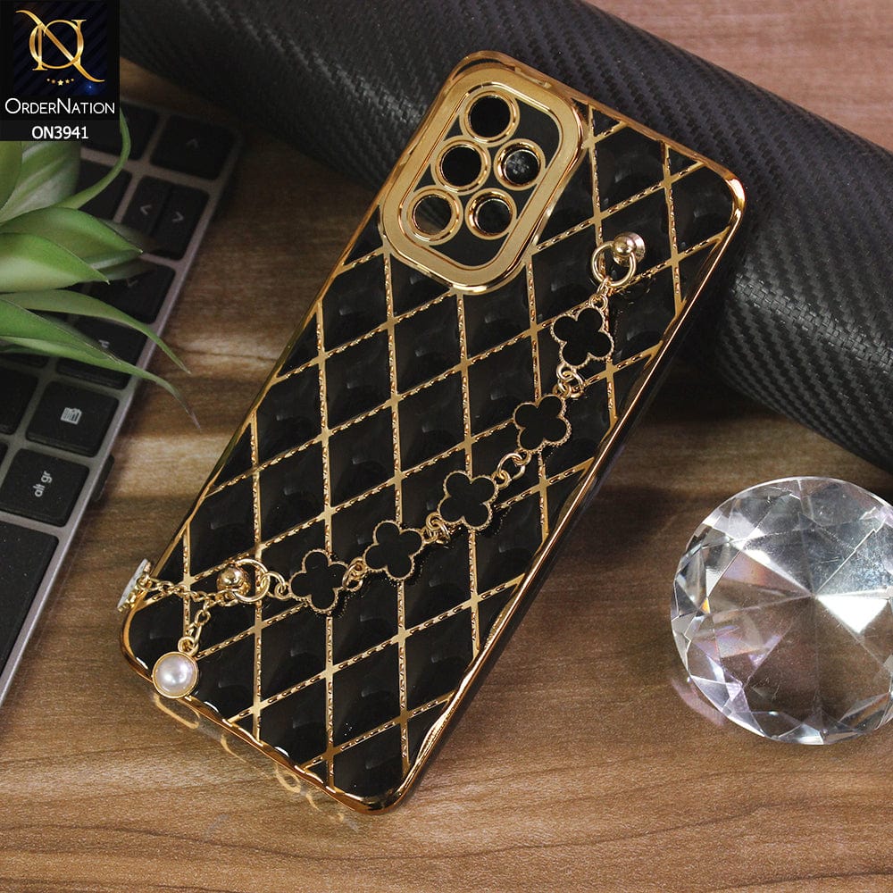 Samsung Galaxy A32 Cover - Black - Soft TPU Shiny Electroplated Golden Lines Camera Protection Case With Flower Chain Holder