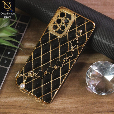 Samsung Galaxy A32 Cover - Black - Soft TPU Shiny Electroplated Golden Lines Camera Protection Case With Flower Chain Holder