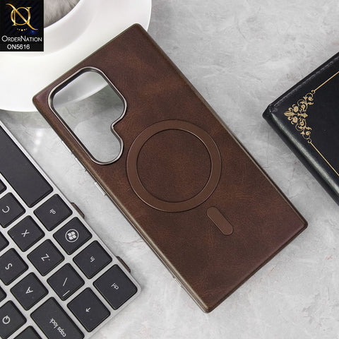 Samsung Galaxy S24 Ultra Cover - Brown -  New Tpu Soft Leather And Metal Bordered Soft Case With Magsafe Design