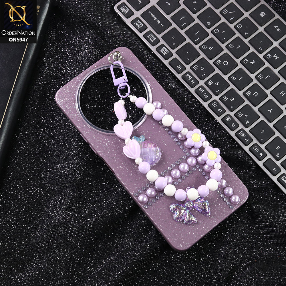 Xiaomi Redmi A3x Cover - Purple -  New Primp Shiny Glitter Case With Pearls And Rhinestones And Beeded Keychain
