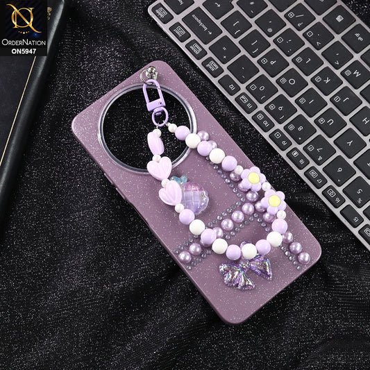 Xiaomi Redmi A3x Cover - Purple -  New Primp Shiny Glitter Case With Pearls And Rhinestones And Beeded Keychain