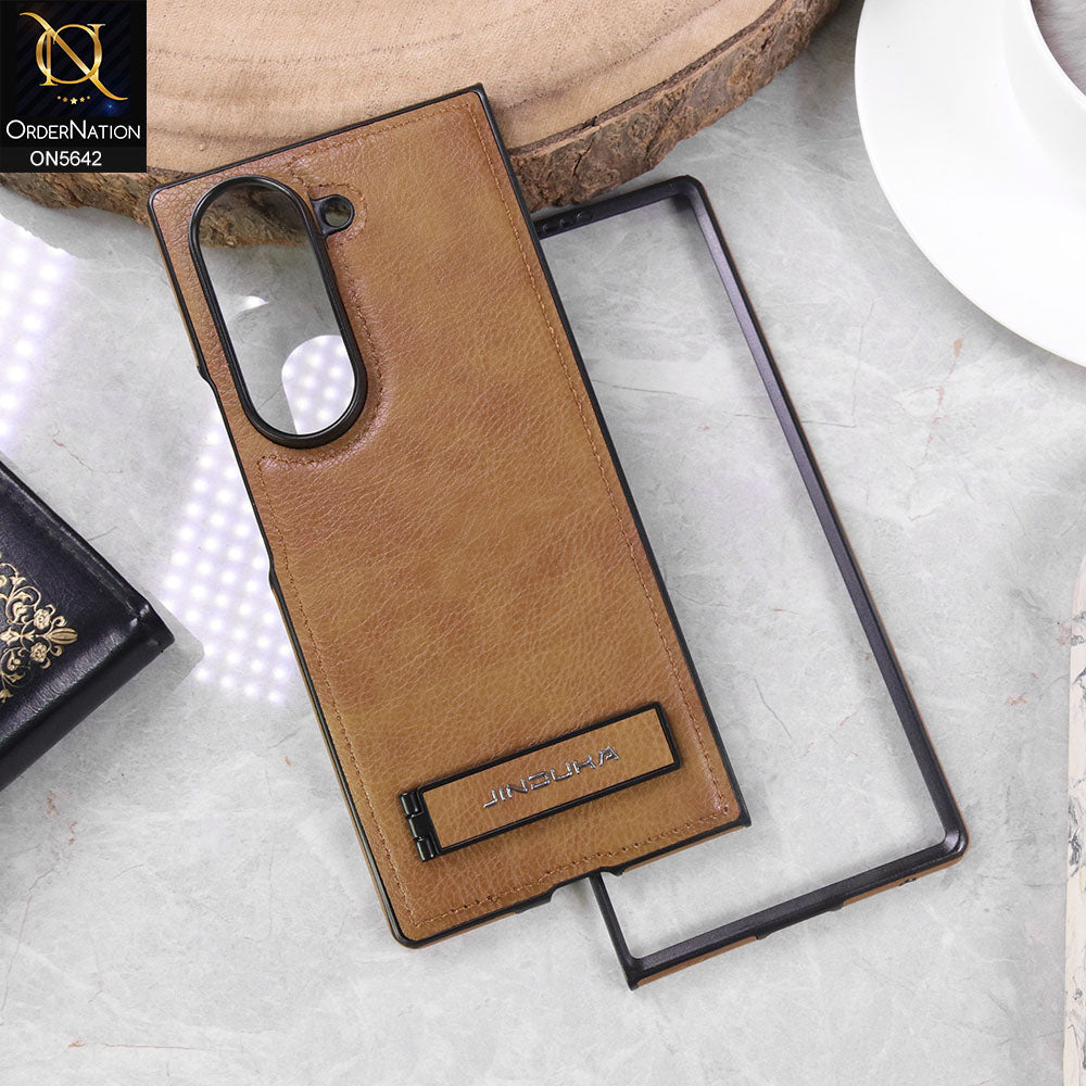 Samsung Galaxy Z Fold 5 5G  Cover - Brown - New Jaguar Premium Leather Case With Metal Kick Stand And Mage Safe