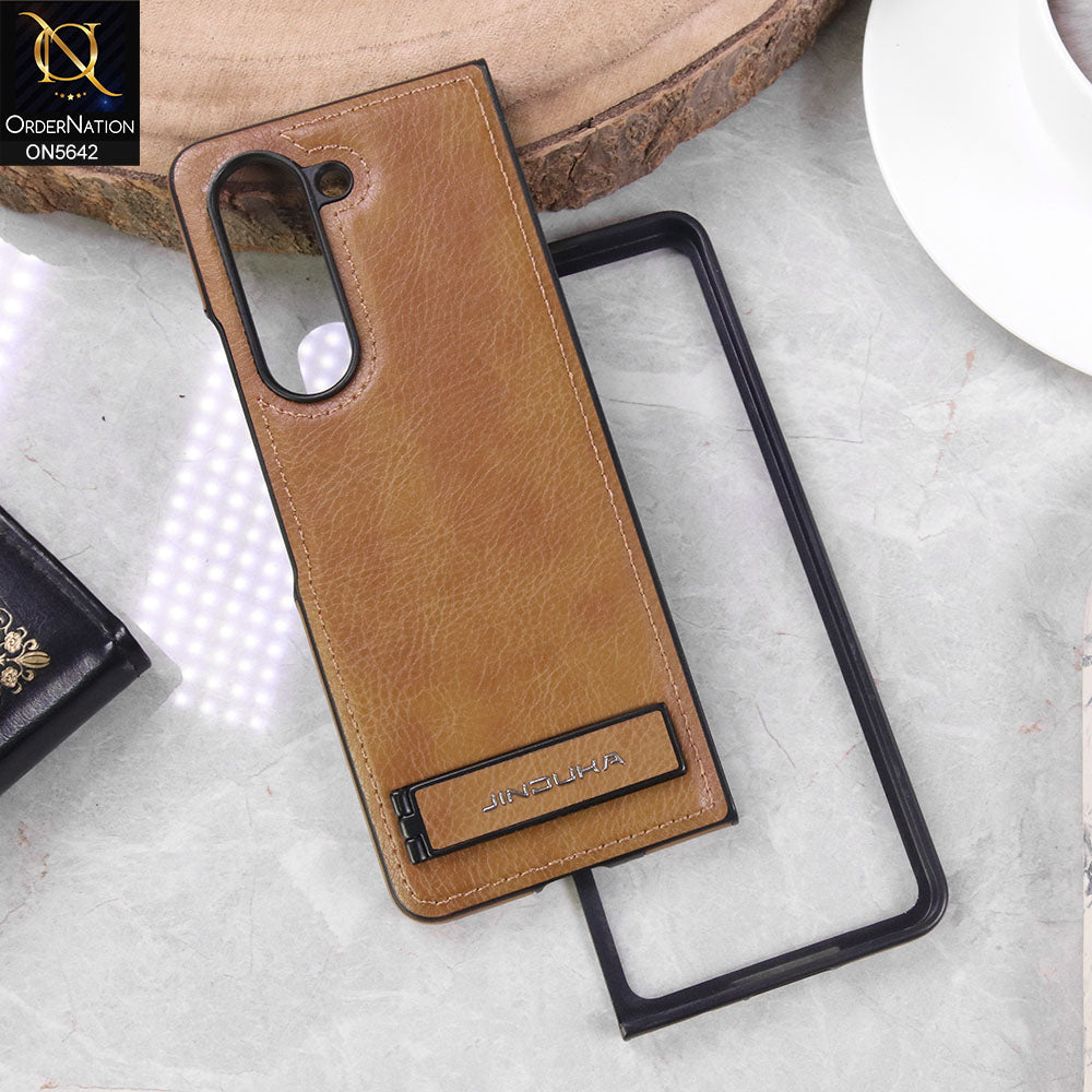 Samsung Galaxy Z Fold 4 5G  Cover - Brown - New Jaguar Premium Leather Case With Metal Kick Stand And Mage Safe