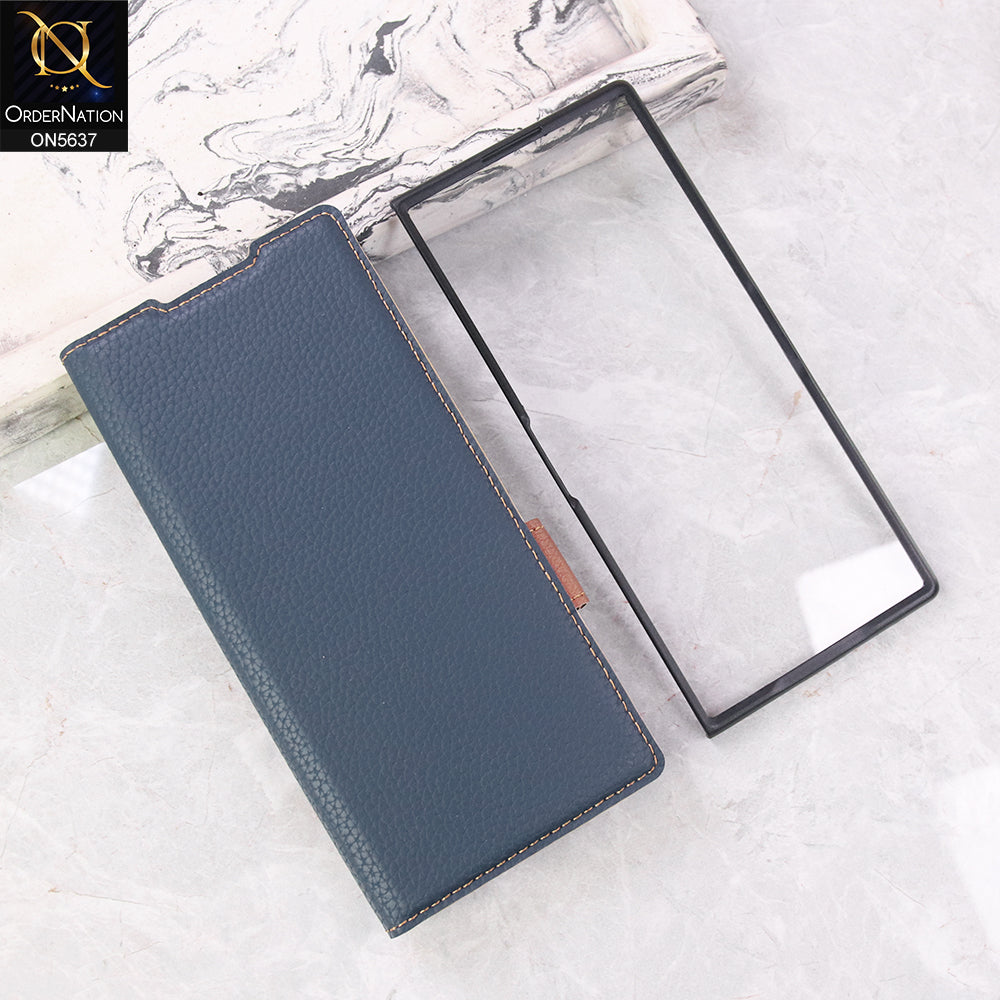 Samsung Galaxy Z Fold 7 Cover + Protector - Blue - New Premium Leather Flip Case With Screen Protector And Kick Stand