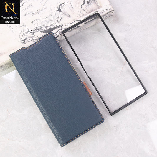 Samsung Galaxy Z Fold 7 Cover + Protector - Blue - New Premium Leather Flip Case With Screen Protector And Kick Stand