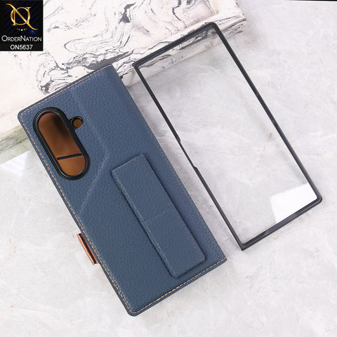 Samsung Galaxy Z Fold 7 Cover + Protector - Blue - New Premium Leather Flip Case With Screen Protector And Kick Stand