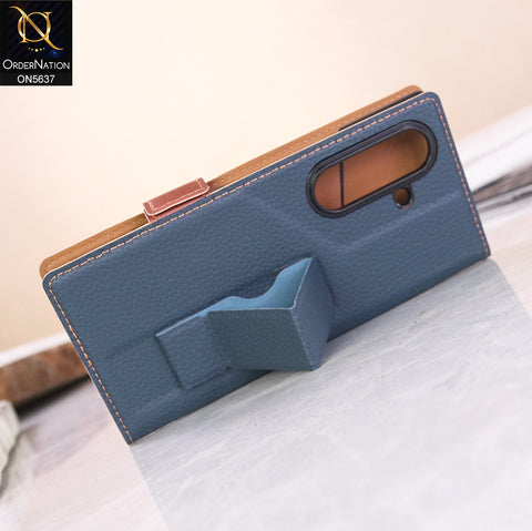 Samsung Galaxy Z Fold 7 Cover + Protector - Blue - New Premium Leather Flip Case With Screen Protector And Kick Stand