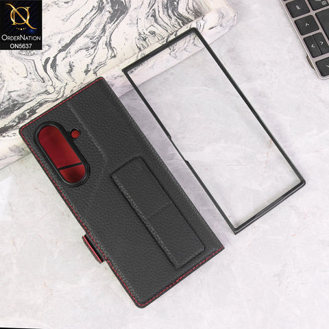 Samsung Galaxy Z Fold 7 Cover + Protector - Black - New Premium Leather Flip Case With Screen Protector And Kick Stand