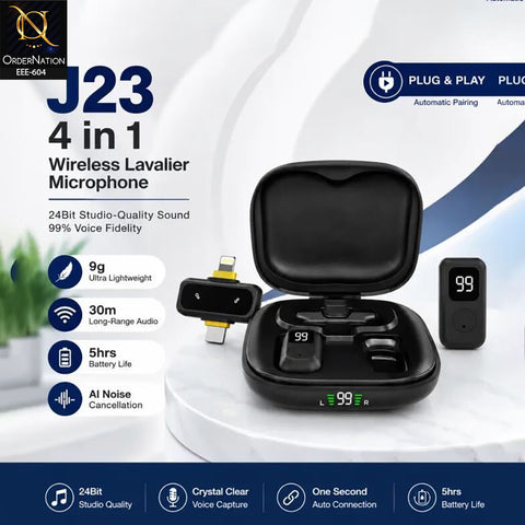 J23 Dual Wireless Lavalier Microphone 2TX+1RX with AI Noise Reduction, Auto Pairing & 30m Range