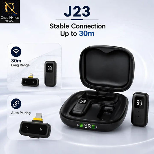 J23 Dual Wireless Lavalier Microphone 2TX+1RX with AI Noise Reduction, Auto Pairing & 30m Range