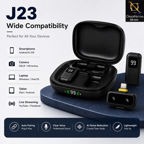 J23 Dual Wireless Lavalier Microphone 2TX+1RX with AI Noise Reduction, Auto Pairing & 30m Range
