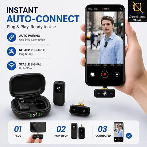 J23 Dual Wireless Lavalier Microphone 2TX+1RX with AI Noise Reduction, Auto Pairing & 30m Range