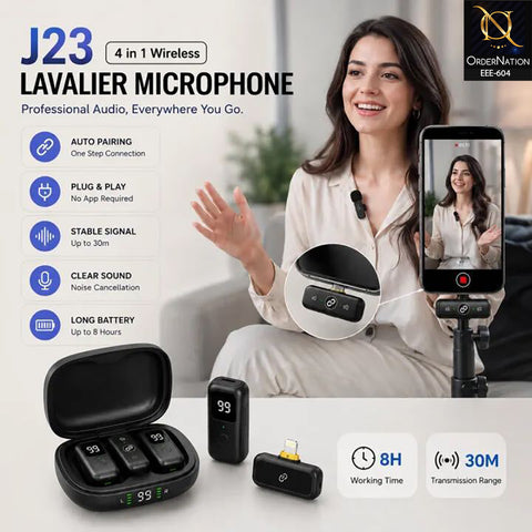 J23 Dual Wireless Lavalier Microphone 2TX+1RX with AI Noise Reduction, Auto Pairing & 30m Range