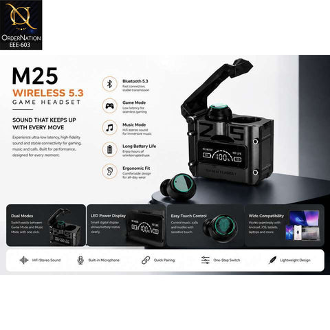 M25 Wireless 5.3 Gaming Earbuds with ENC, Low Latency, LED Display & Game/Music Mode