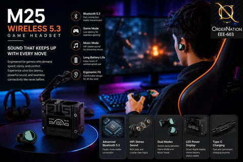 M25 Wireless 5.3 Gaming Earbuds with ENC, Low Latency, LED Display & Game/Music Mode