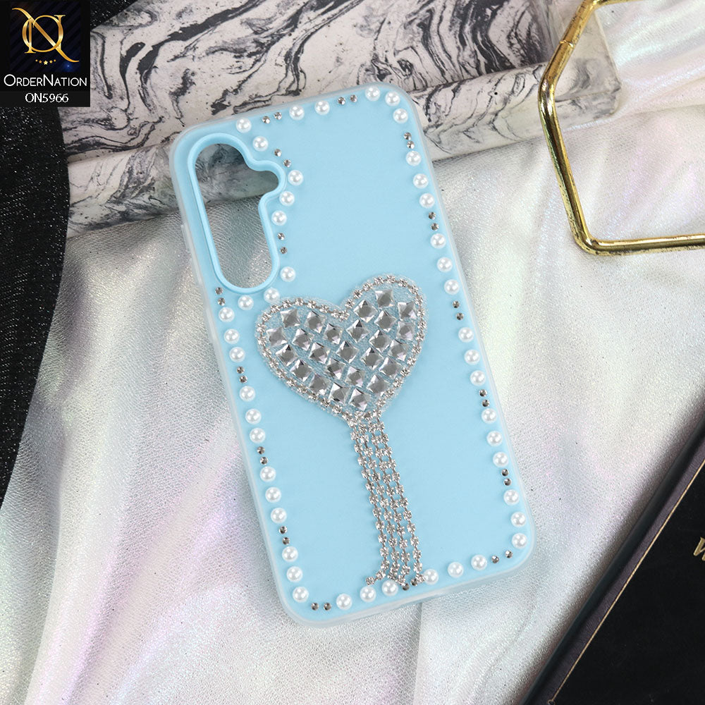 Samsung Galaxy A35 Cover - SkyBlue -  Stuninng Pearls And Heart Shaped RhineStones Hard Case With Double Protective Layers