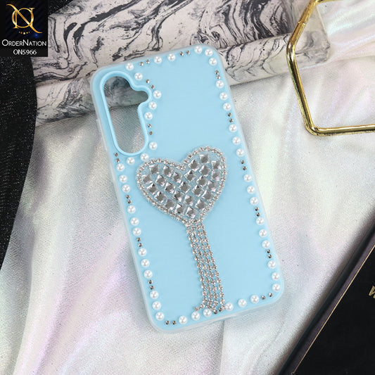 Samsung Galaxy A35 Cover - SkyBlue -  Stuninng Pearls And Heart Shaped RhineStones Hard Case With Double Protective Layers