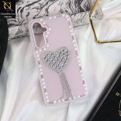Samsung Galaxy A35 Cover - Purple -  Stuninng Pearls And Heart Shaped RhineStones Hard Case With Double Protective Layers