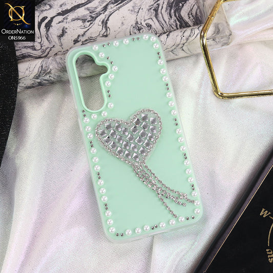 Samsung Galaxy A35 Cover - Sea green -  Stuninng Pearls And Heart Shaped RhineStones Hard Case With Double Protective Layers