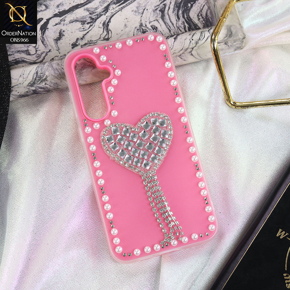 Samsung Galaxy A55 Cover - Pink -  Stuninng Pearls And Heart Shaped RhineStones Hard Case With Double Protective Layers