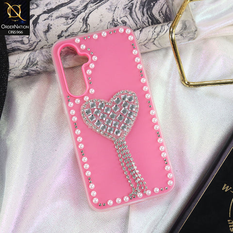 Samsung Galaxy A55 Cover - Pink -  Stuninng Pearls And Heart Shaped RhineStones Hard Case With Double Protective Layers
