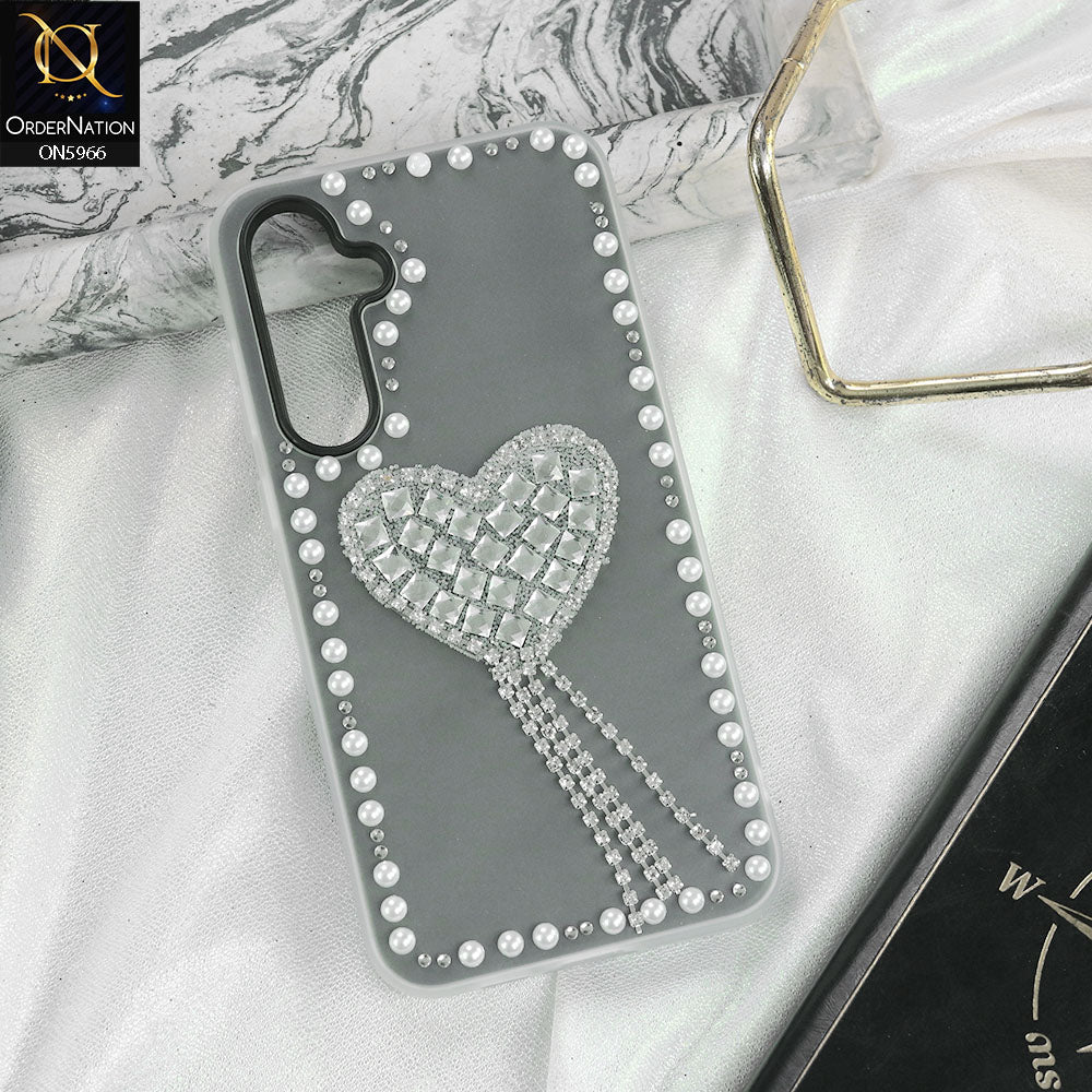 Samsung Galaxy A35 Cover - Black -  Stuninng Pearls And Heart Shaped RhineStones Hard Case With Double Protective Layers