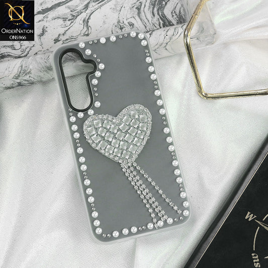 Samsung Galaxy A55 Cover - Black -  Stuninng Pearls And Heart Shaped RhineStones Hard Case With Double Protective Layers