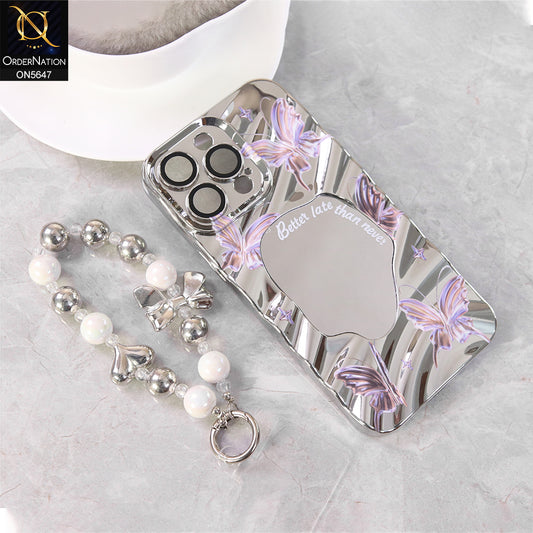 iPhone 14 Pro Max Cover - Silver - Butterfly Mirror Case With Charm & Camera Lens Protection Case